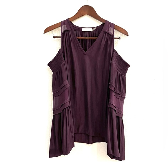 Ramy Brook Wine/ Merlot Cold Shoulder Silk Blend Blouse - Picture 8 of 12